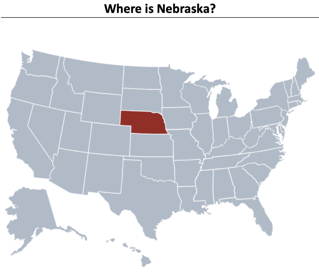 Map of the United States highlighting Nebraska in the central Great Plains