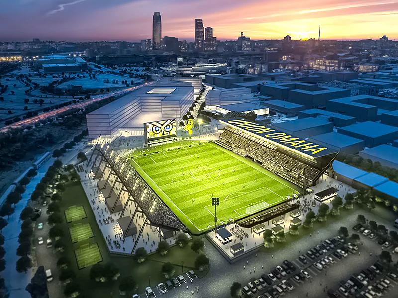Architectural rendering of Union Omaha's planned downtown soccer stadium in Omaha, Nebraska.